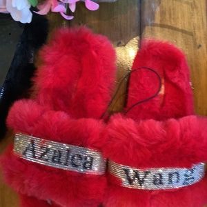 Red fur faux slides with bling